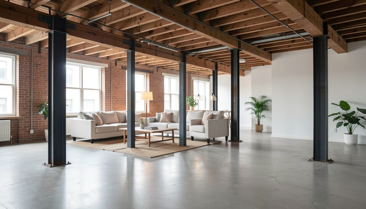 Wide view inside a loft showing painted steel columns, exposed timber ceiling joists and an open living area with minimal furniture.