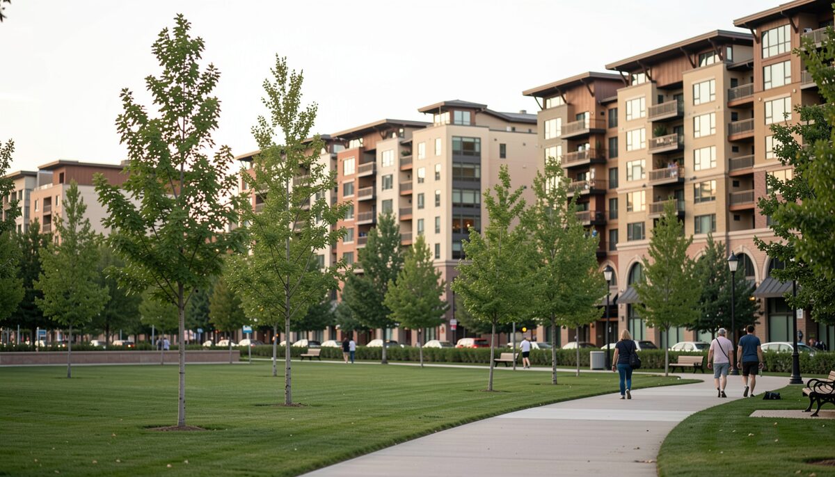 A downtown Denver park lawn with a paved path, a few people walking, young trees and loft style buildings visible across the street.