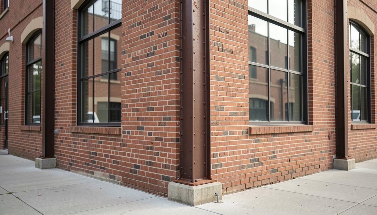 Detail of a rehabilitated brick warehouse corner with a cast iron column and a modern steel window frame, shot from the sidewalk.