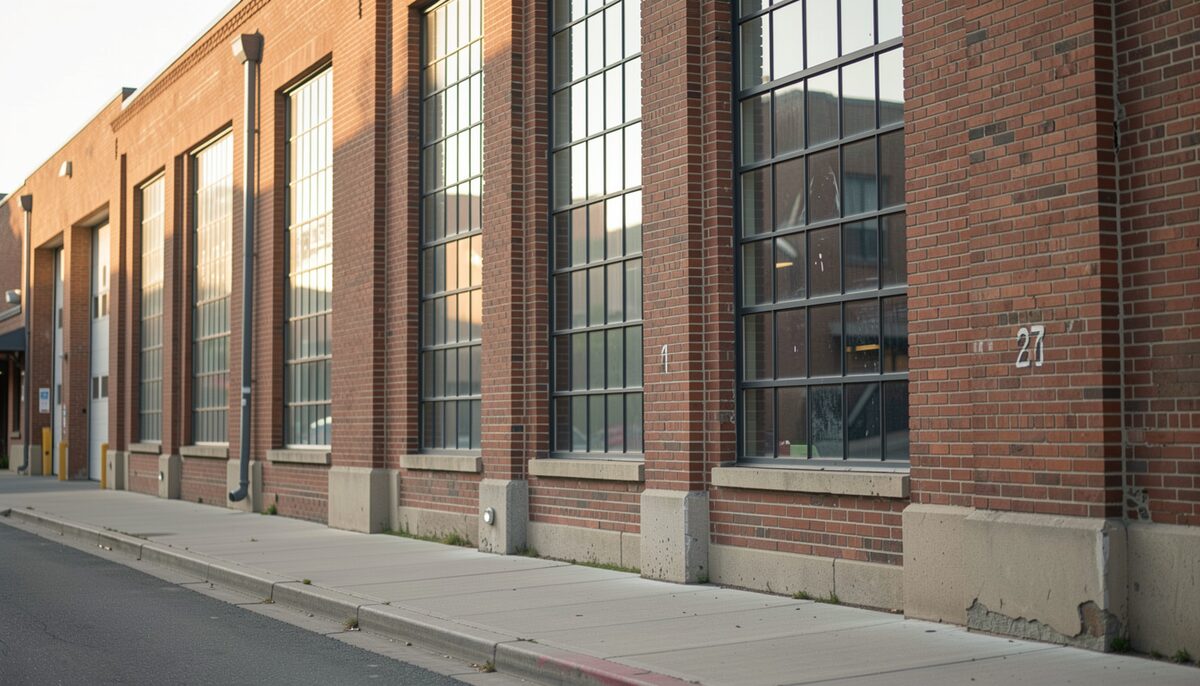 Exterior brick warehouse wall in downtown Denver with tall multi pane windows, freight door opening and a sidewalk in late afternoon light.